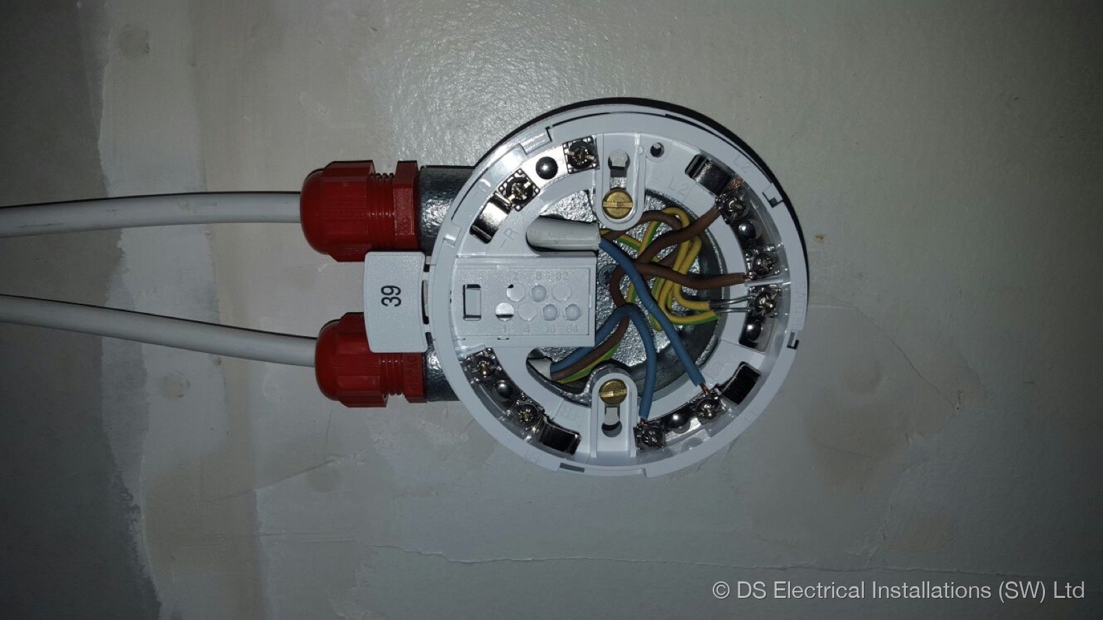 Fire alarm detector base wired in FP200 fire-resistant cable by DS Electrical Installations (SW) Ltd