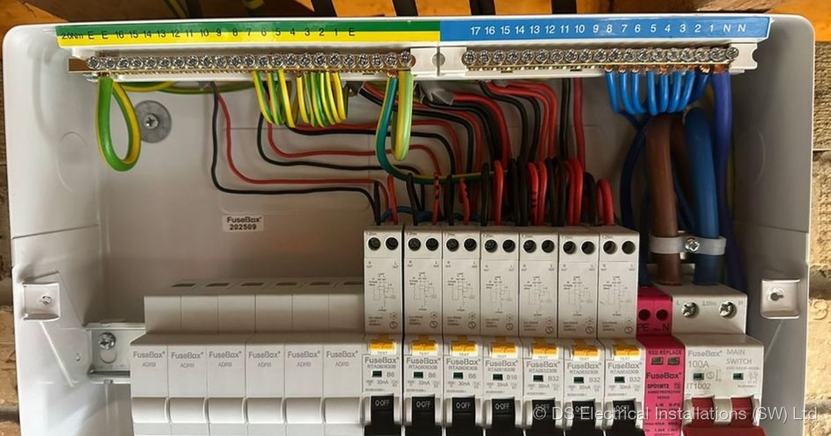 Consumer unit with surge protection and individual circuit protection, installed by DS Electrical Installations (SW) Ltd
