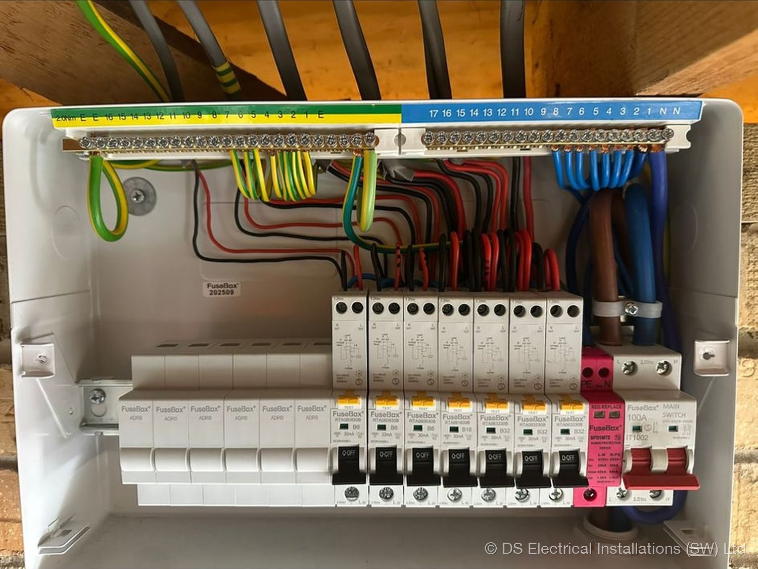 Real DS Electrical install: dual-RCD consumer unit, labelled, tested and certified to BS 7671 18th Edition Amendment 2