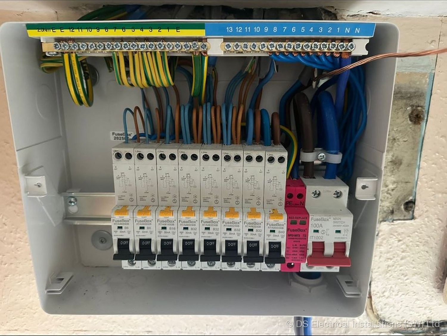 Distribution board with RCBOs, SPD and 100A main switch