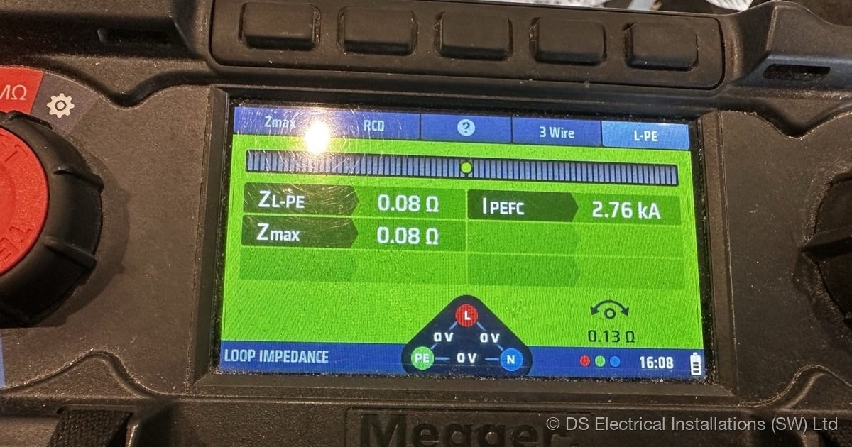 Megger multifunction tester showing earth fault loop impedance and prospective fault current readings during a landlord EICR